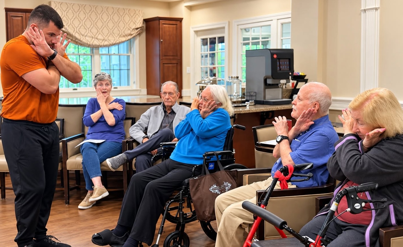 Bryan DePhillip leading seated older adults through a protective arm-and-head guard during a senior-living seminar